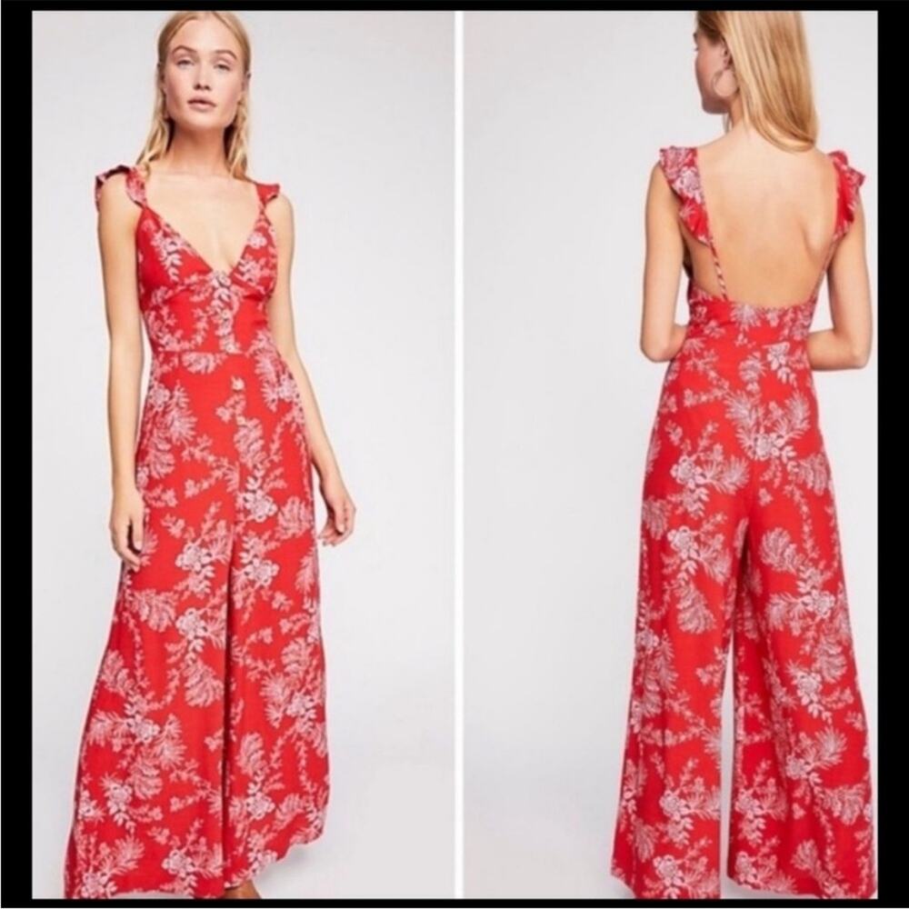 Free People Pantsuit Floral Red Orange Tank Top Jumpsuit